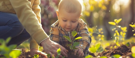 A boy and his father plant a sapling at sunset, showing the bond between generations and the significance of nurturing and nature connection.