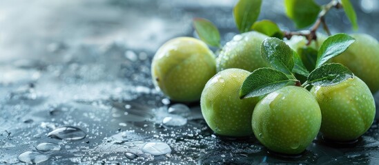 Aufkleber - Close up of green unripe Japanese ume fruits with copy space image