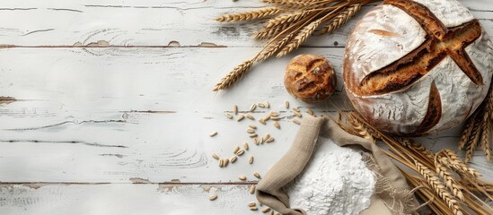 Poster - Top view of a loaf of bread with wheat ears and a bag of flour on a white wooden surface creating a baking bread background with copy space image
