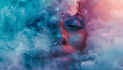 Canvas Print - A woman with blue eyes and blue eyeshadow is surrounded by smoke