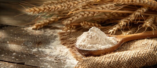 Poster - A wooden spoon filled with flour on a burlap sack surrounded by wheat ears on a wooden table casting shadows in the background with copy space image