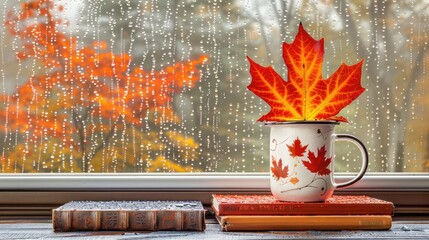 Canvas Print - A mug with an autumn leaf 