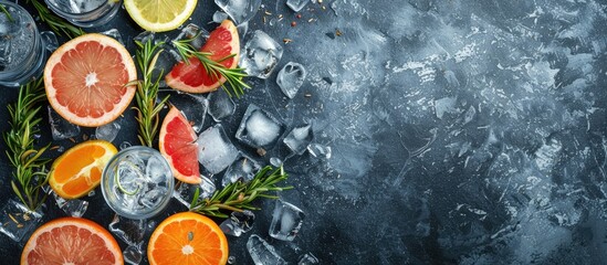 Aufkleber - Gin and tonic cocktail with ice rosemary and grapefruit on a stone table surrounded by citrus fruits with copy space image