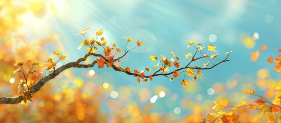 Poster - An autumn hued maple tree branch stands alone against a sunny blue sky backdrop with a blurred background of bright yellow and orange fall leaves perfect for a copy space image