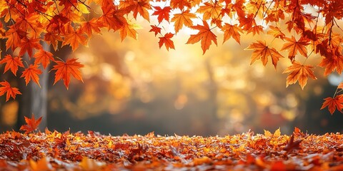 autumn tree in idyllic beautiful blurred autumn landscape panorama with fall leaves in sunshine, advertising space on leaf ground, a day outdoors in golden october, cheerful fall leaf season concept