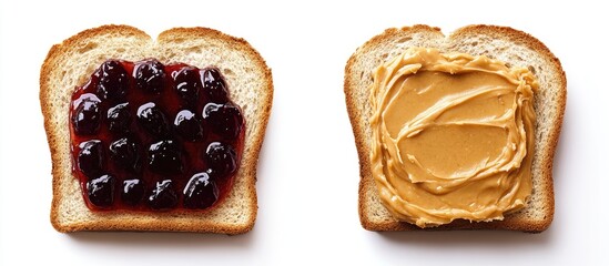 Leinwandbilder - Jelly compared to peanut butter in a side by side shot One slice of bread has grape jelly and another slice features creamy peanut butter. with copy space image. Place for adding text or design