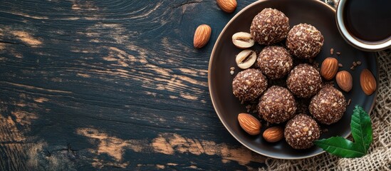 Aufkleber - Nut balls dessert accompanied by coffee on a dark wooden table top view. with copy space image. Place for adding text or design