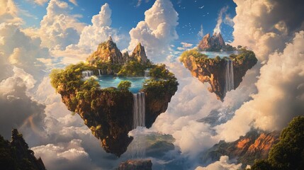 Wall Mural - Two floating islands with waterfalls, lush vegetation, and clear blue water, surrounded by fluffy clouds and a bright blue sky.