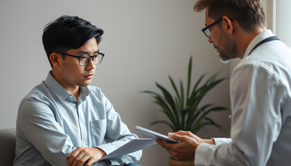 Psychology, depression. Suffer asian young man consultation with psychologist while patient counseling mental therapy, doctor hand taking notes at clinic. Psychologist with sick mental health person