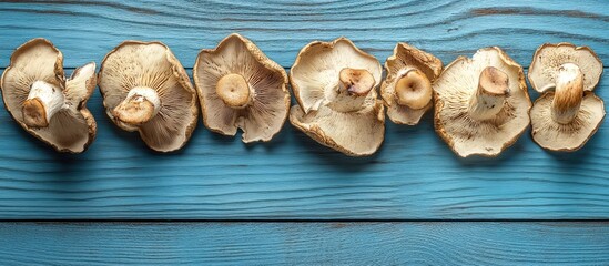 Aufkleber - dry mushroom chips arranged in a row on a blue wooden surface. with copy space image. Place for adding text or design