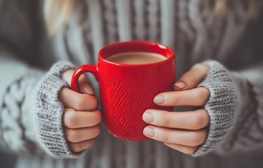 close-up of woman's hands holding red coffee mug in grey sweater, focused on comfort and warmth.