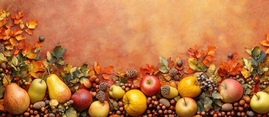 Fototapete - Thanksgiving backdrop featuring yellow squash apples pears rowan berries autumn leaves and acorns with copy space