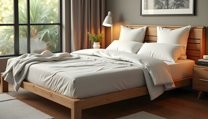 Sticker - Wooden bed with soft white mattress, blanket and pillows in cozy room interior, Living room, bedroom, luxury bed room, wooden bed room  
