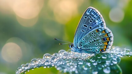 Wall Mural - Captivating Blue Butterfly Resting on Dewy Leaf at Sunrise