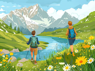 Two hikers with backpacks walking through a valley surrounded by vibrant flowers, green hills, and majestic snow-capped mountains with a serene blue river flowing through.