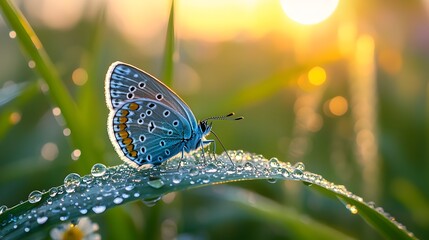 Wall Mural - Ethereal Blue Butterfly Resting on Dewy Leaf at Sunrise