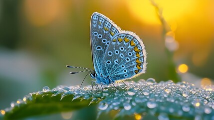 Wall Mural - Delicate Blue Butterfly Resting on Dewy Leaf at Dawn