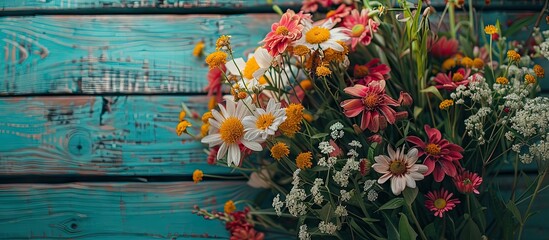 Fototapete - Gorgeous fresh blooms set against a wooden backdrop. with copy space image. Place for adding text or design