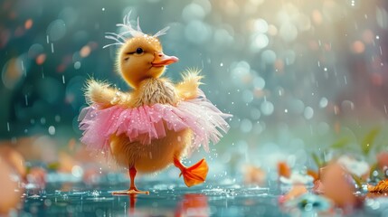 Wall Mural - A duck wearing a pink tutu is standing in a puddle