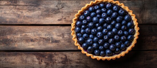 Leinwandbilder - Blueberry tart on a wooden surface top view copy space