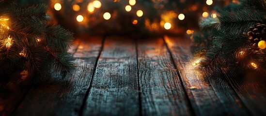 Poster - Toned photo on a wooden surface featuring a burning garland and spruce branches. with copy space image. Place for adding text or design