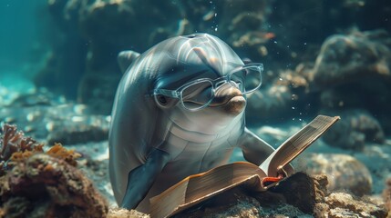 A dolphin wearing glasses is reading a book