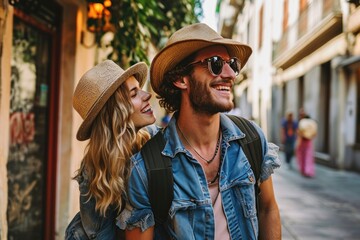 Couple of tourists having fun walking on city street at holiday - Happy friends laughing together on vacation - People and holidays concept, Generative AI