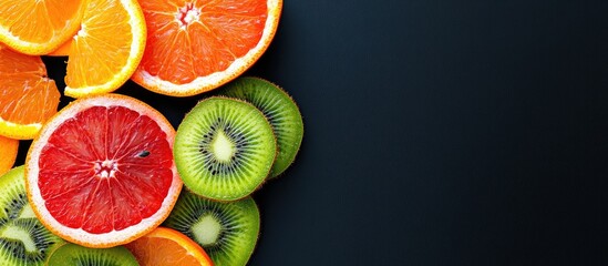 Poster - Flat lay Top view Sliced vibrant fresh fruits kiwi orange grapefruit and mandarin on a black background Summer setting. with copy space image. Place for adding text or design