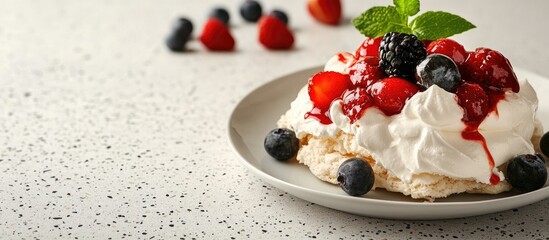 Leinwandbilder - Homemade Pavlova on a plate with one piece taken placed on a speckled countertop. with copy space image. Place for adding text or design