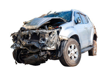 Wall Mural - Front and side view of white car get hard damaged by accident on the road. chapped cars after collision. isolated on transparent background, broken car, PNG File