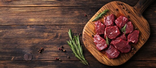 Sliced raw venison deer meat for a stew on a butcher s cutting board Wooden background Top view. with copy space image. Place for adding text or design