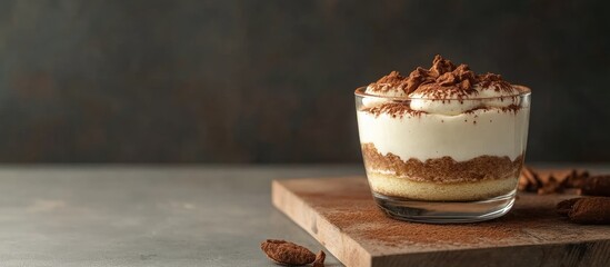 Aufkleber - Tiramisu dessert in a glass on a cutting board Grey background Copyspace