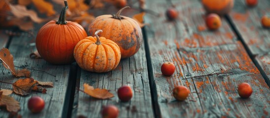 Fototapete - Autumn Pumpkin Thanksgiving Background featuring orange pumpkins apples and fallen leaves on a wooden table viewed up close. with copy space image. Place for adding text or design