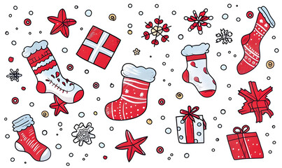 Wall Mural - New Year and Christmas card, graphic advertising backgrounds in a doodle 2D illustrator style.