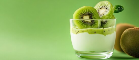 Leinwandbilder - Homemade yogurt with kiwi in a clear cup on a green background Healthy food and breakfast detox idea Copy space room for text