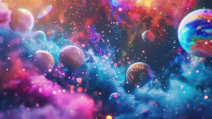 Wall Mural - Cinematic whimsical photography of colorful galaxy with colorful and bright nebulas as well us different planets with different terrains