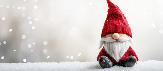 Poster - Christmas postcard featuring a Scandinavian gnome in a red hat Gnome on a white background with blank space for text. with copy space image. Place for adding text or design