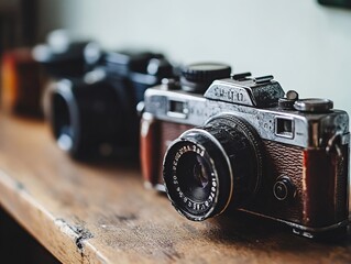 Wall Mural - Vintage silver and brown camera with lens on wooden surface.