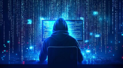 Fraud or scam background. Abstract hacker behind the monitor hologram with programmer code. Cybercriminal icons on a bright background