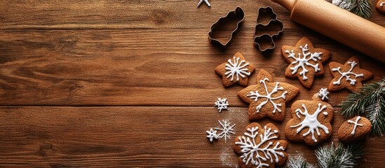 Poster - Christmas cookies a rolling pin and cookie cutters on a wooden surface. with copy space image. Place for adding text or design