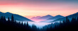 © enterdigital - Serene mountain landscape at dawn, featuring misty valleys and a colorful sky that transitions from purple to pink hues.