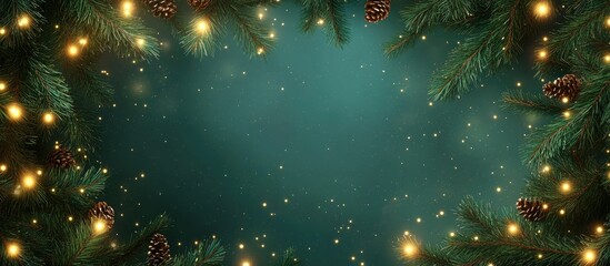 Aufkleber - Christmas background featuring a frame of fir branches lights and copyspace