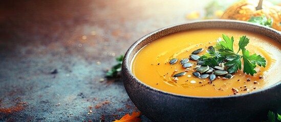 Poster - Pumpkin soup garnished with parsley and pumpkin seeds Autumn theme. with copy space image. Place for adding text or design