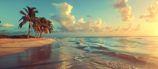 Aufkleber - Tropical beach featuring palm trees and the sea at sunset serving as a vintage style background for summer beach vacations. with copy space image. Place for adding text or design