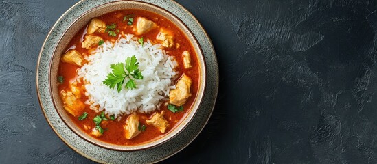 Poster - Japanese style chicken curry soup with rice. with copy space image. Place for adding text or design