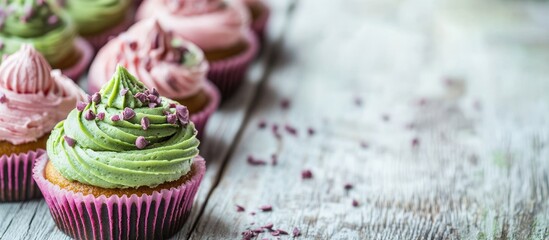 Poster - Green cakes with matcha flavored chocolate and pink frosting on a light wooden background Selective focus Copy space