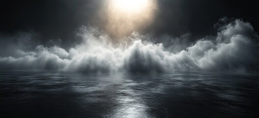 Wall Mural - A dramatic image of a foggy sea with a bright light shining through the clouds, creating a mysterious and atmospheric scene.