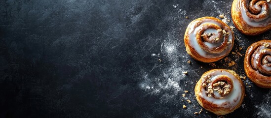 Leinwandbilder - Homemade cinnamon buns with glaze on a dark table dark background copy space viewed from above