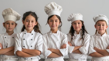 A group of young girls wearing chef hats and white coats stand together