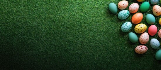Poster - Top view of Easter decorations featuring eggs on grass with a green background. with copy space image. Place for adding text or design